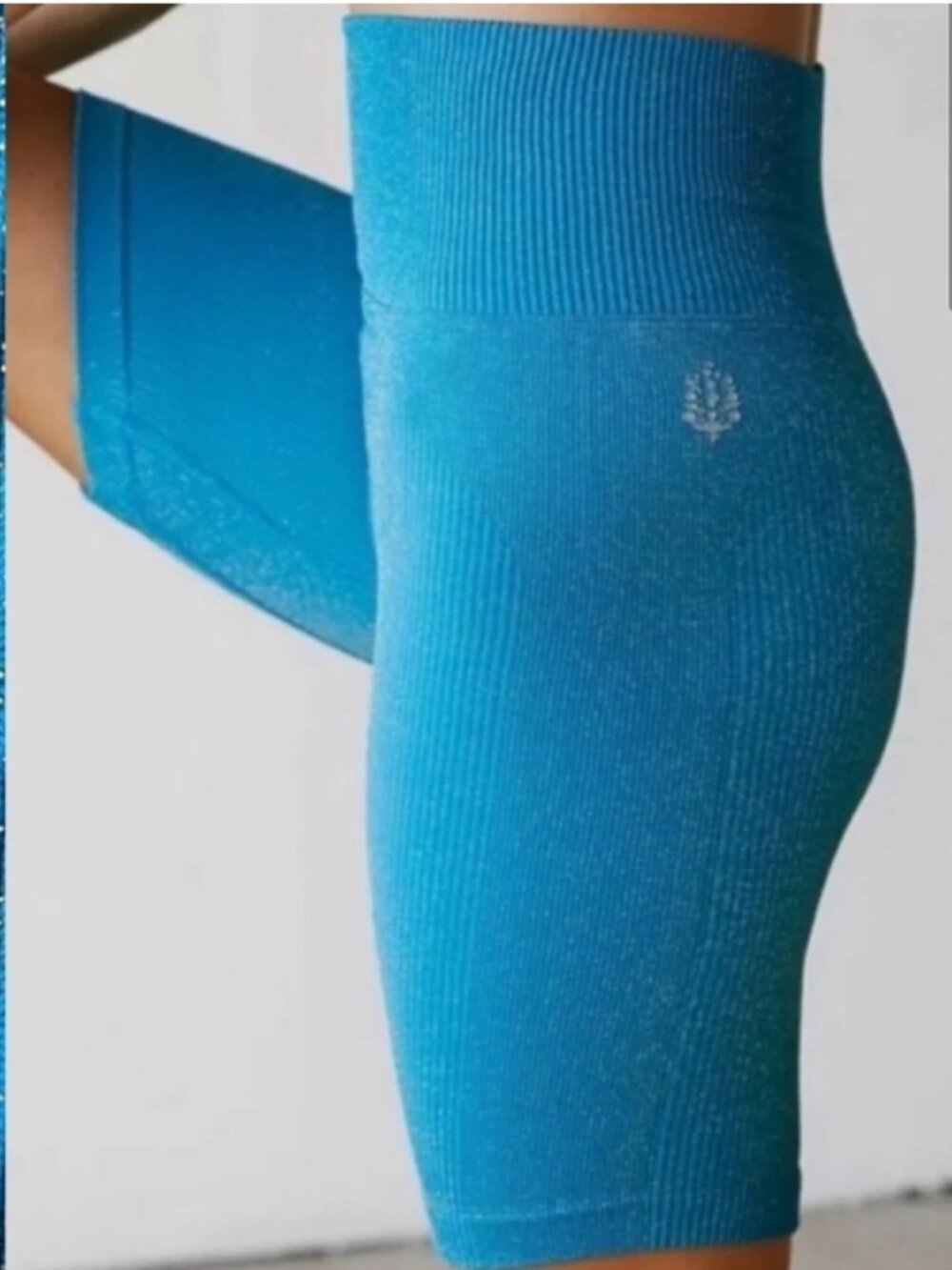 FP Movement High Waist Biker Shorts Blue Ribbed Seamless Athleisure Workout Free